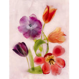 A watercolor-style floral artwork showing tulips and other blossoms in purple, red, orange, pink, and green on a pale pink background.